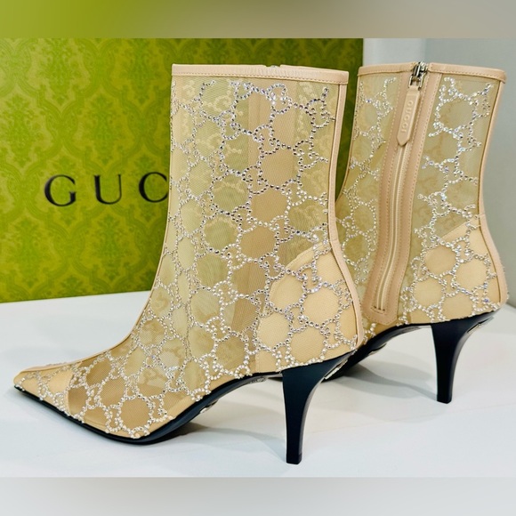 New! Gucci Demi Crystal Mesh Ankle Boots Beige Mid Heel Size EU-38.5 RETAIL$2950 - Picture 7 of 15